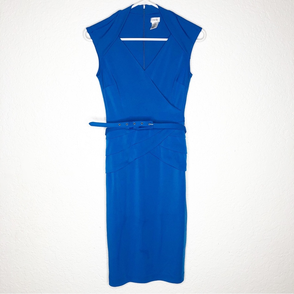 Cache bright blue v neck cap sleeve belted sheath dress size 0